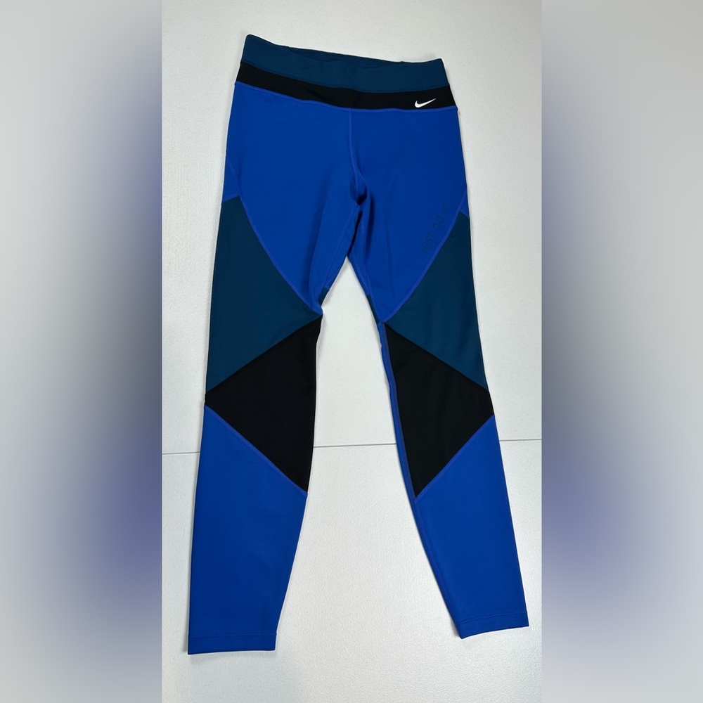 NIKE One Mid-Rise Dri-Fit 7/8 Leggings Color Block Medium Blue Teal Black Swoosh